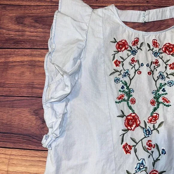 ZARA Embroidered Floral Ruffle Blouse - Light Blue Cotton - XS - Picture 3 of 10